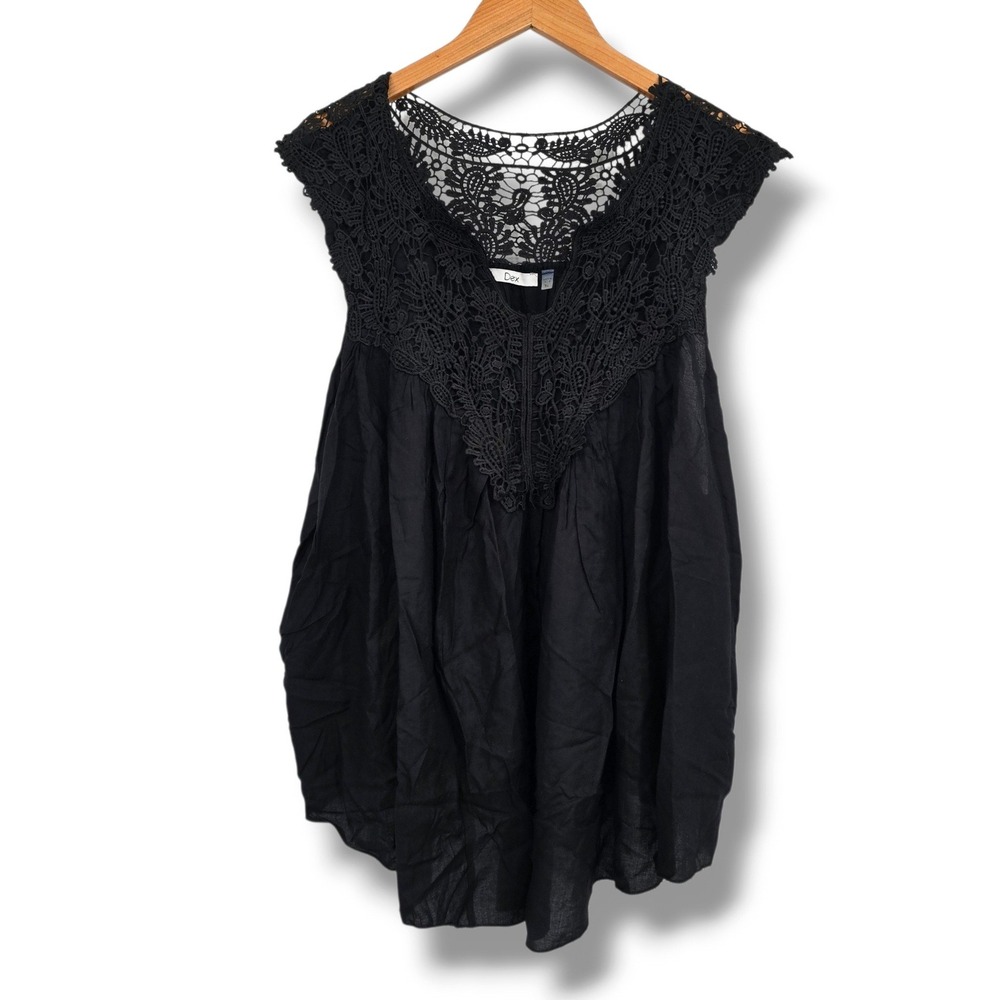 New Dex Women Black Crochet Lace Yoke Sleeveless Rayon Blouse Top Size 3X